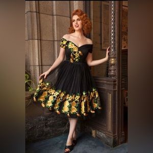BNWT Pretty Dress Co Fatale Southern Black & Yellow Embroidered Dress UK16/US12